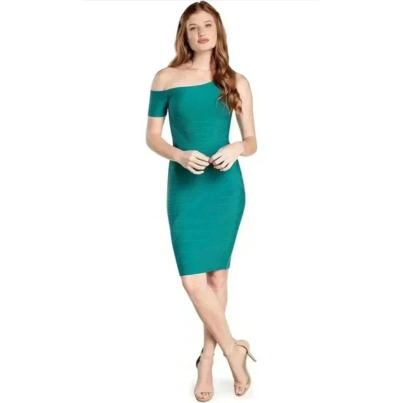 Dress the Population XXS Blue Bodycon Midi Party Dress Off-the-Shoulder Neckline